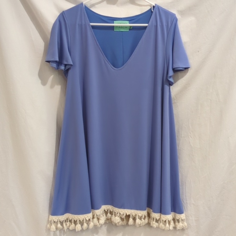 Judith March | Light Periwinkle Blue Swing Tunic with Ivory Fringe Trim | M